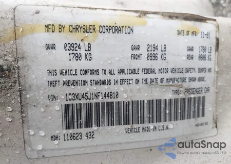 1992 Chrysler Lebaron from USA, damaged, VIN 1C3XU45J1NF144810